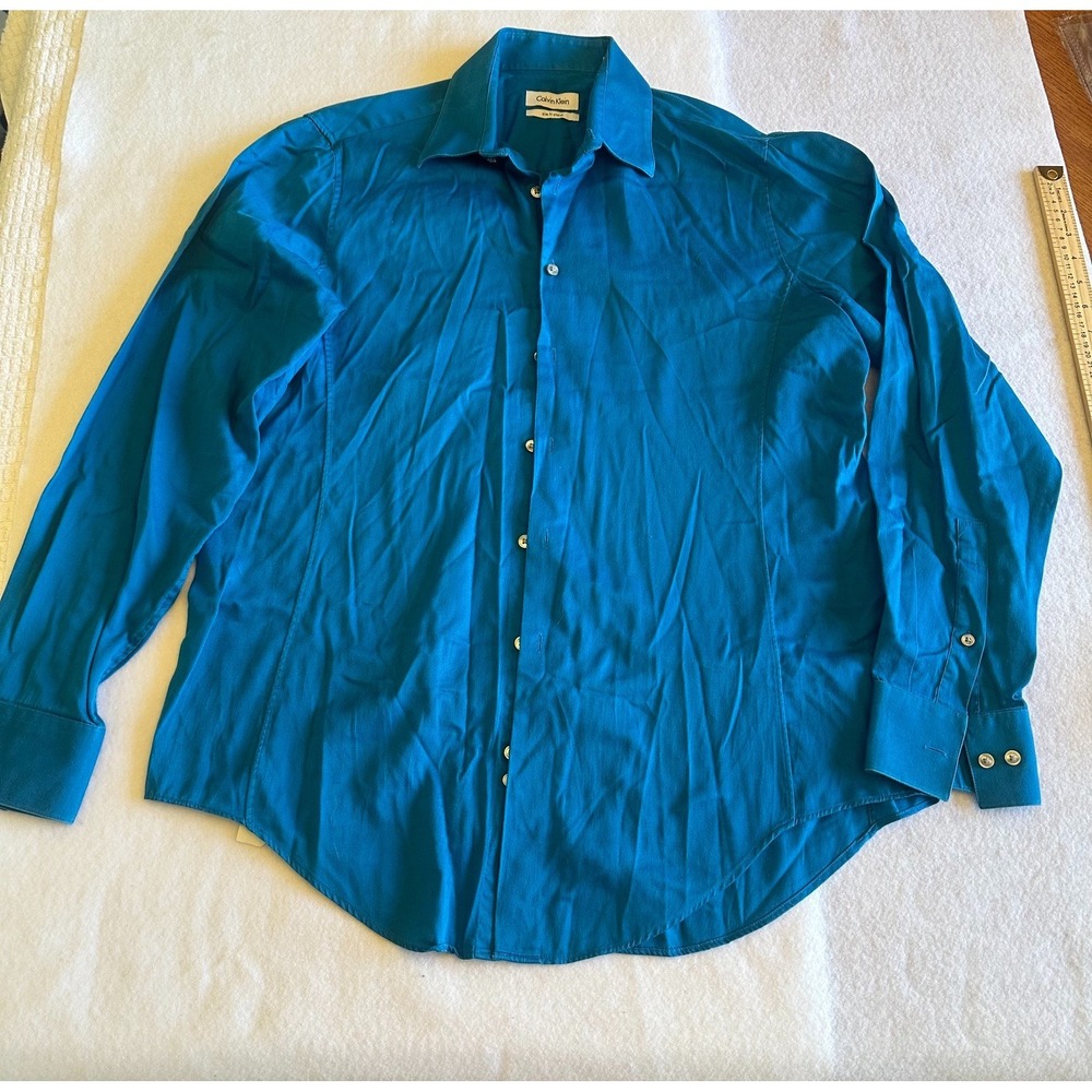 Calvin Klein Mens Dress Shirt 16 34 35 Teal Blue Slim Fit Stretch Long Sleeve